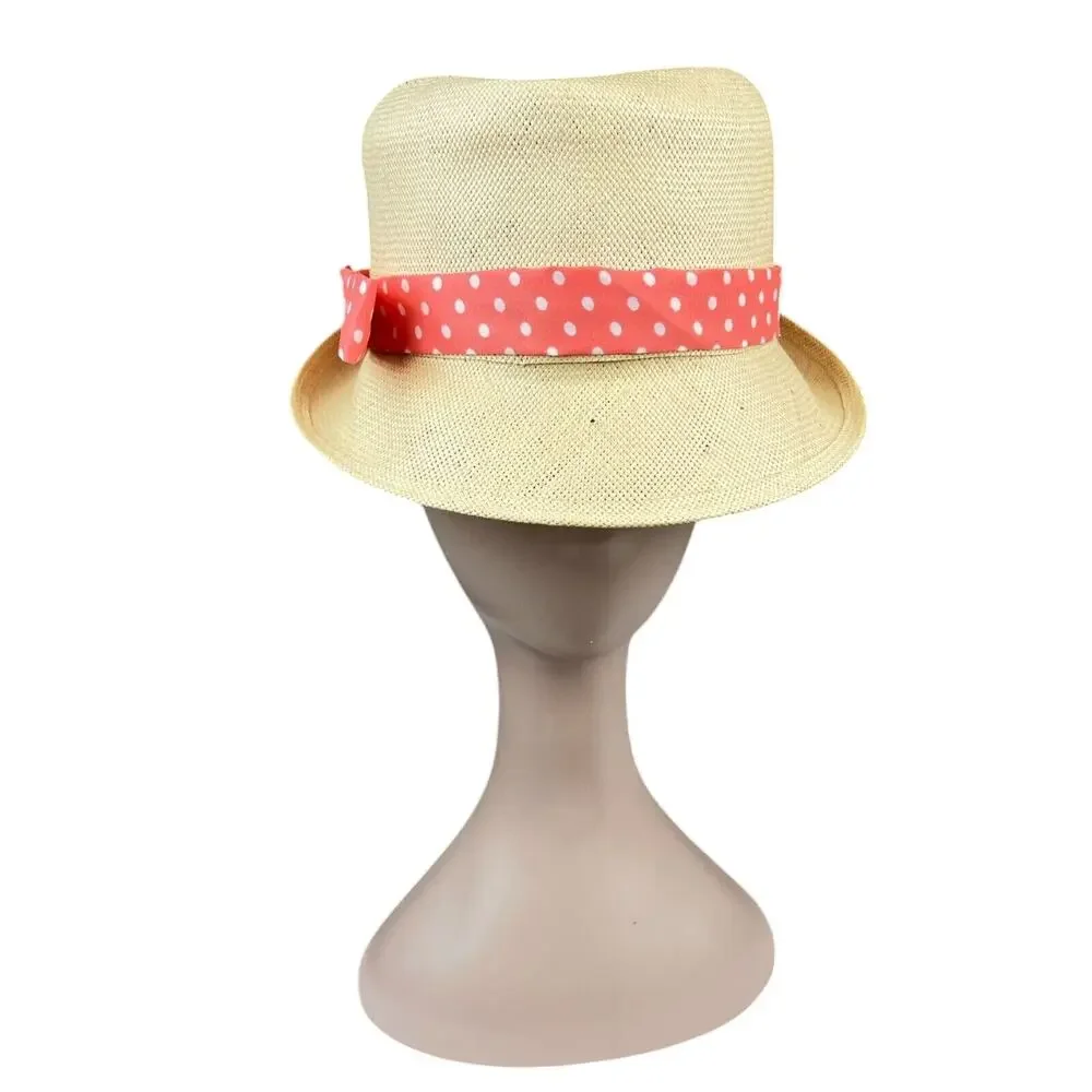 Vintage Natural Straw Fedora Hat Coral White Polka Dot Band 60s Union Made OS - Picture 9 of 9